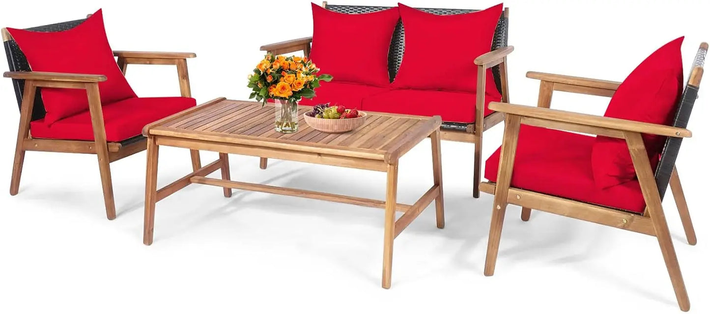 4 Piece Patio Set Acacia Wood Cushions And Coffee Table