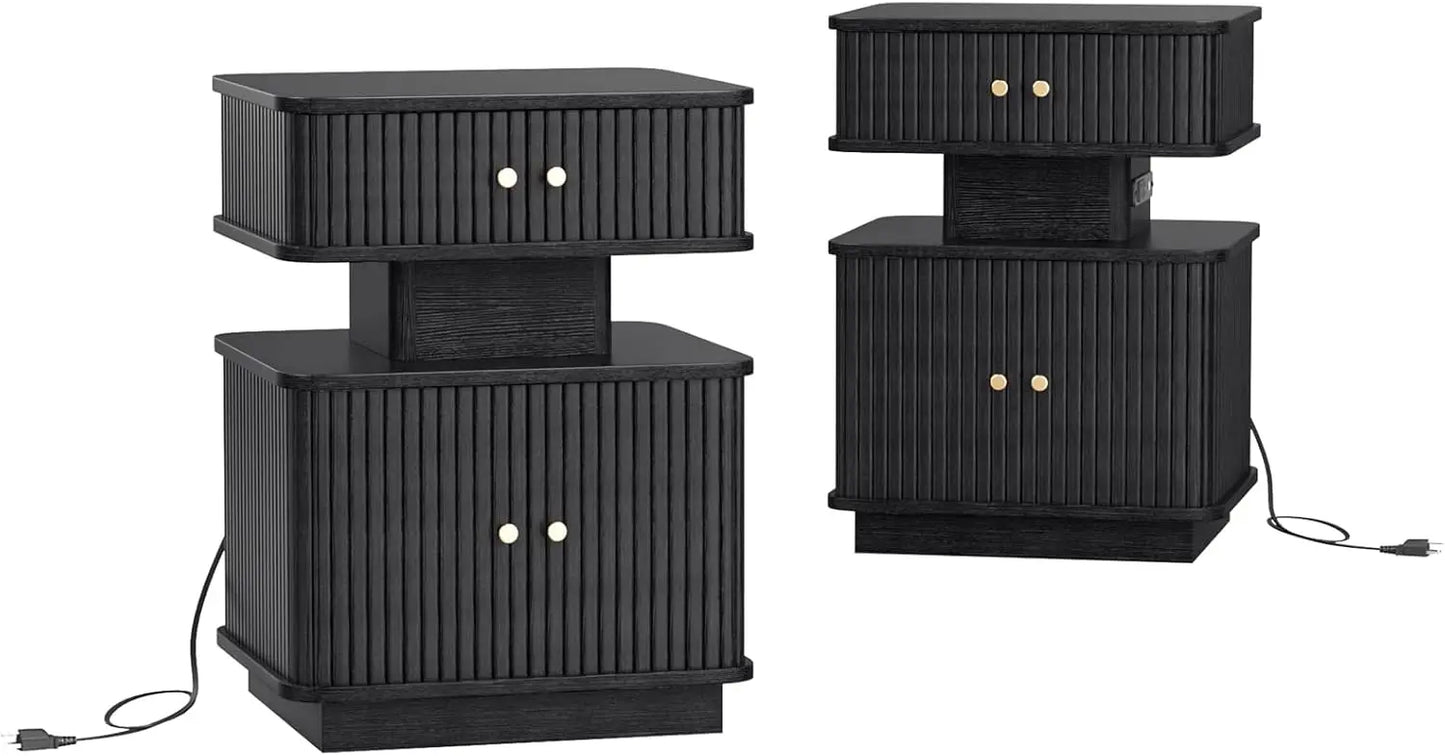 Night Stand Set 2 LED Nightstands With Charging Station