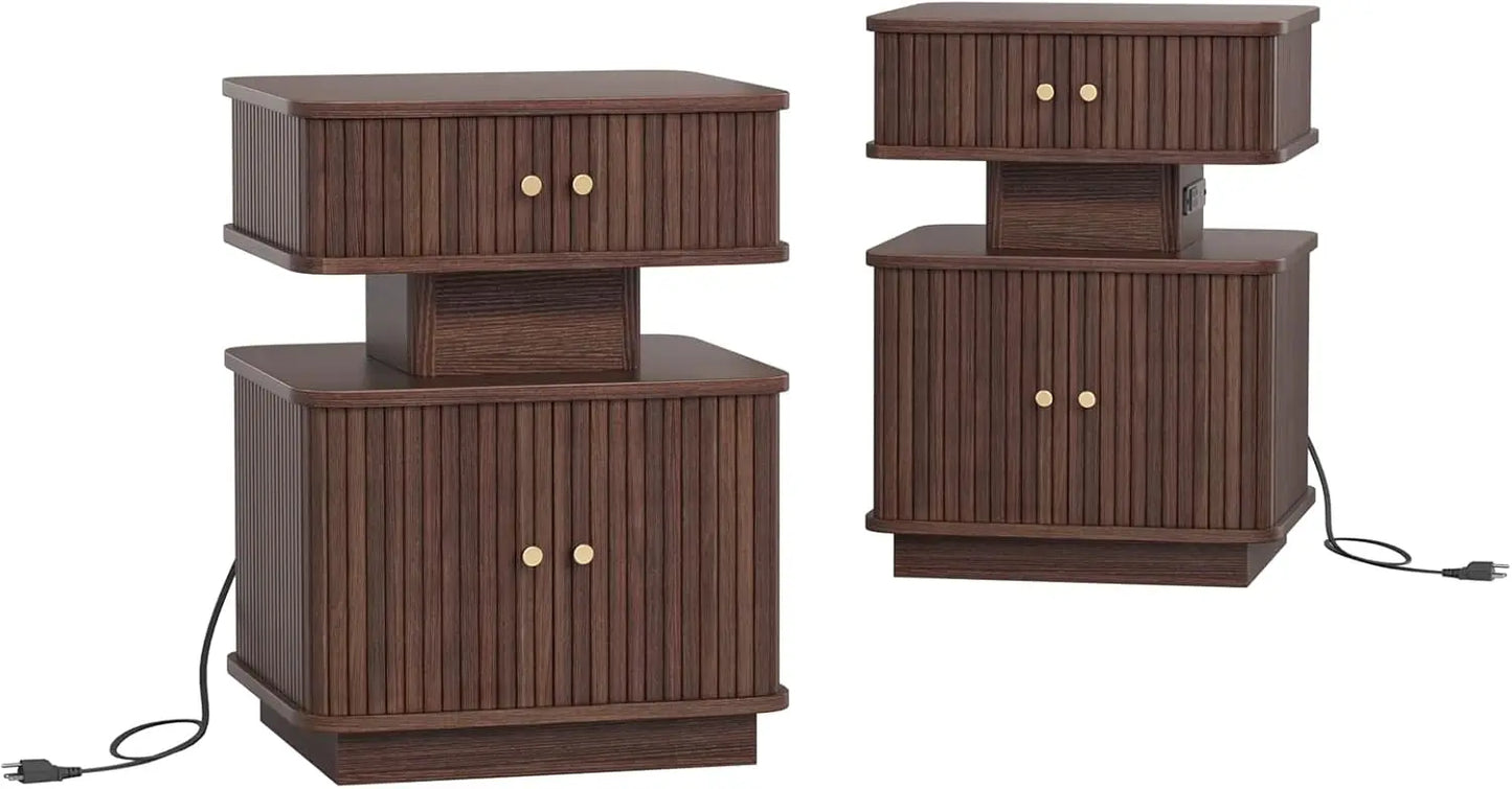 Night Stand Set 2 LED Nightstands With Charging Station