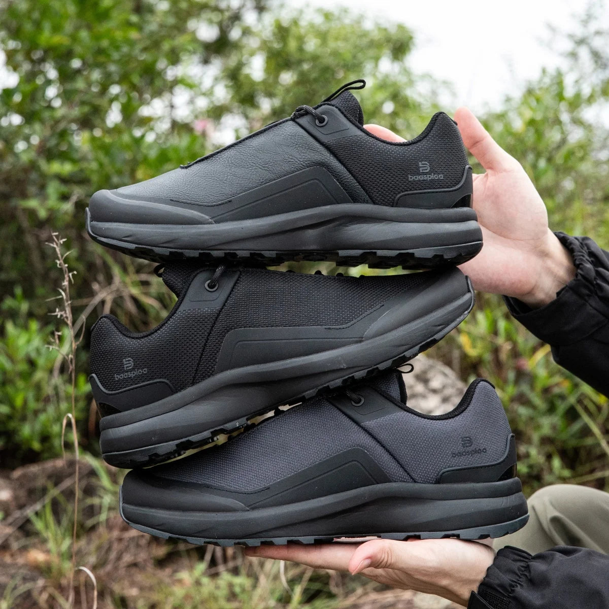 Baasploa Men Hiking Shoes Litchi Leather Non Slip Sneakers