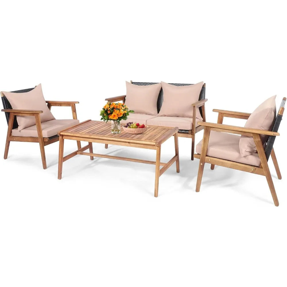 4 Piece Patio Set Acacia Wood Cushions And Coffee Table