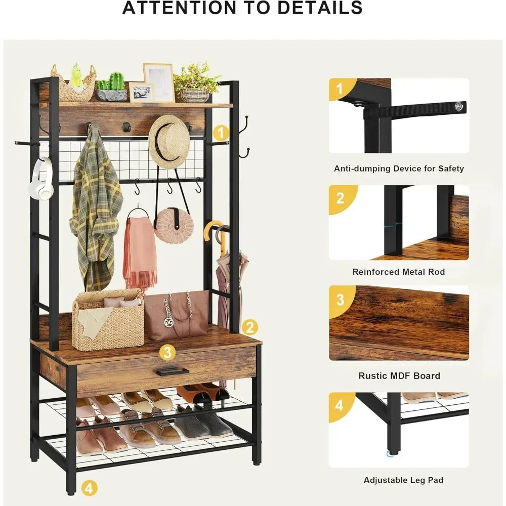 Industrial Entryway Coat Rack With Drawer And 12 Hooks
