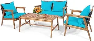 4 Piece Patio Set Acacia Wood Cushions And Coffee Table