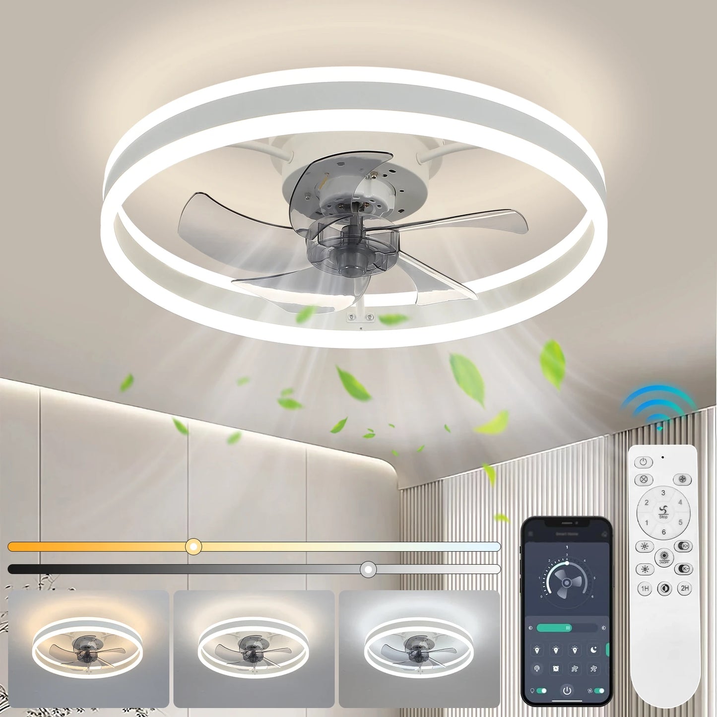 Modern Low Profile Ceiling Fans With Up And Down Light-emitting Led 20 Inch Flush Mount Fandeliers With Remote