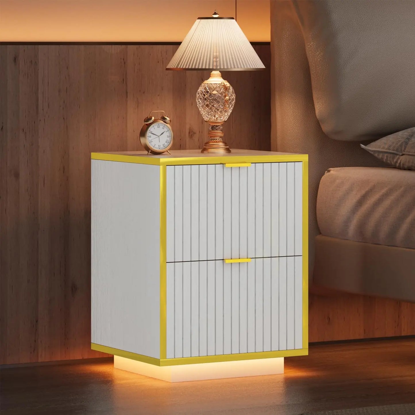 White And Gold 18 Inch Nightstand With 2 Fluted Drawers