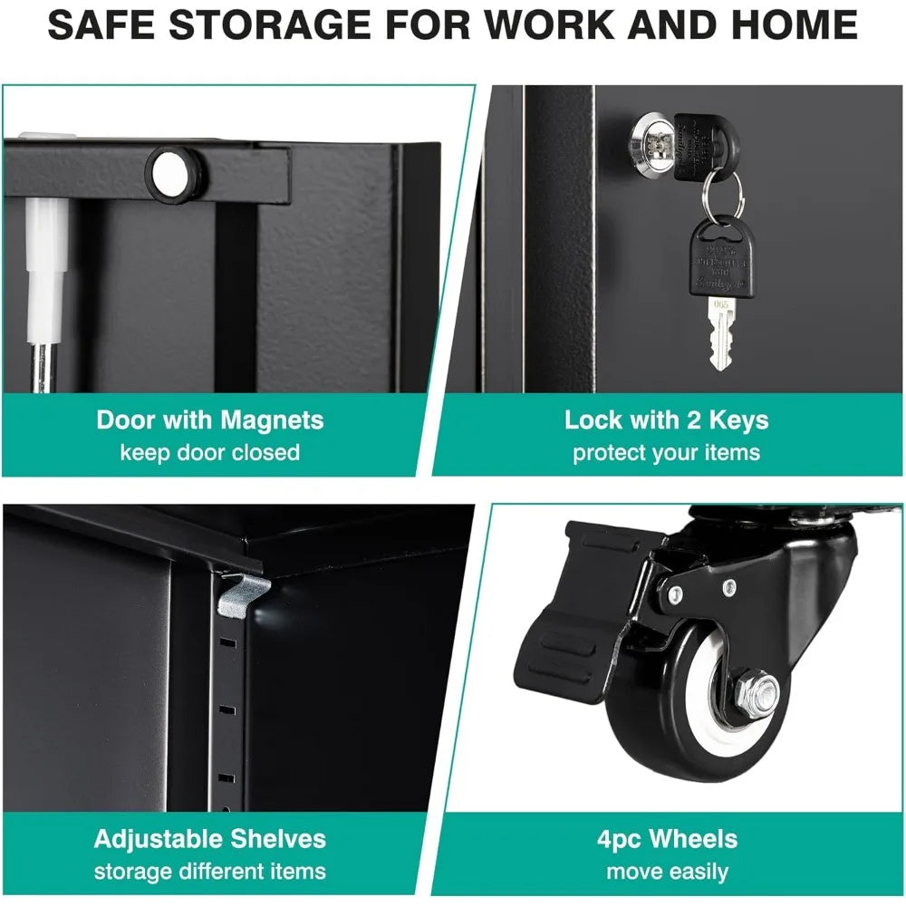 Metal Rolling Cabinet With Wheels Locking Doors And Shelves