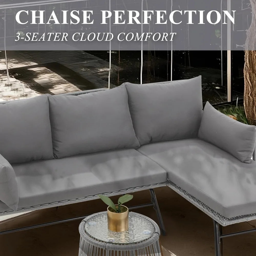 Three Piece Patio Set L Shaped Rattan Sectional Sofa