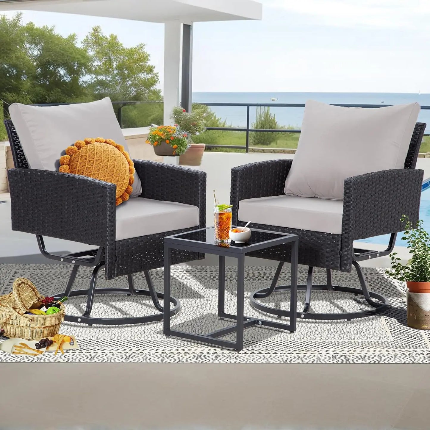 3 Piece Swivel Outdoor Patio Furniture Set With Glass Table