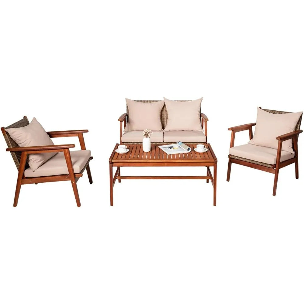 4 Piece Patio Wood Sofa Set With Cushions And Coffee Table
