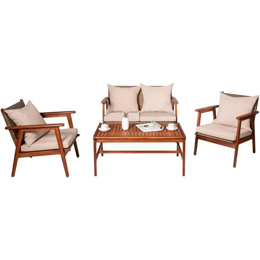 4 Piece Patio Wood Sofa Set With Cushions And Coffee Table