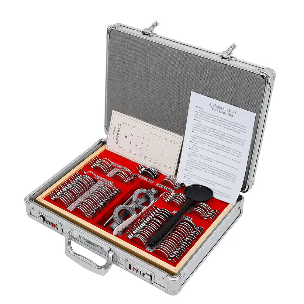 104 Pcs Optometry Optical Trial Lens Kit Test Metal Trial Frame Set W/ Case Box