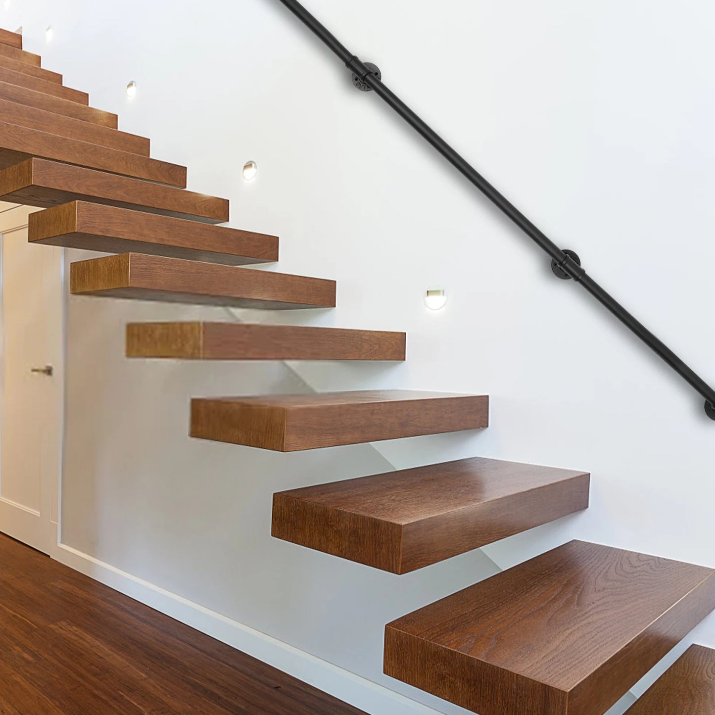 Industrial Style Metal Stair Handrail 3 Sections Easy Installation Rust Resistant Black Finish