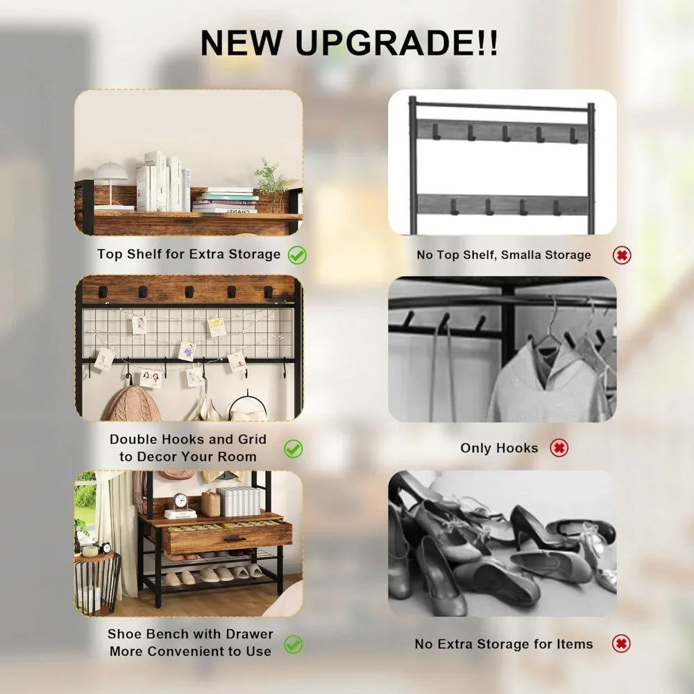 Industrial Entryway Coat Rack With Drawer And 12 Hooks