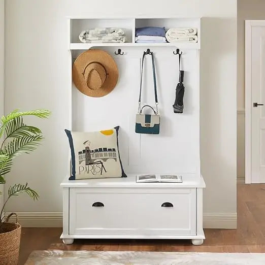 White Traditional Coastal Entryway Bench With Shoe Storage