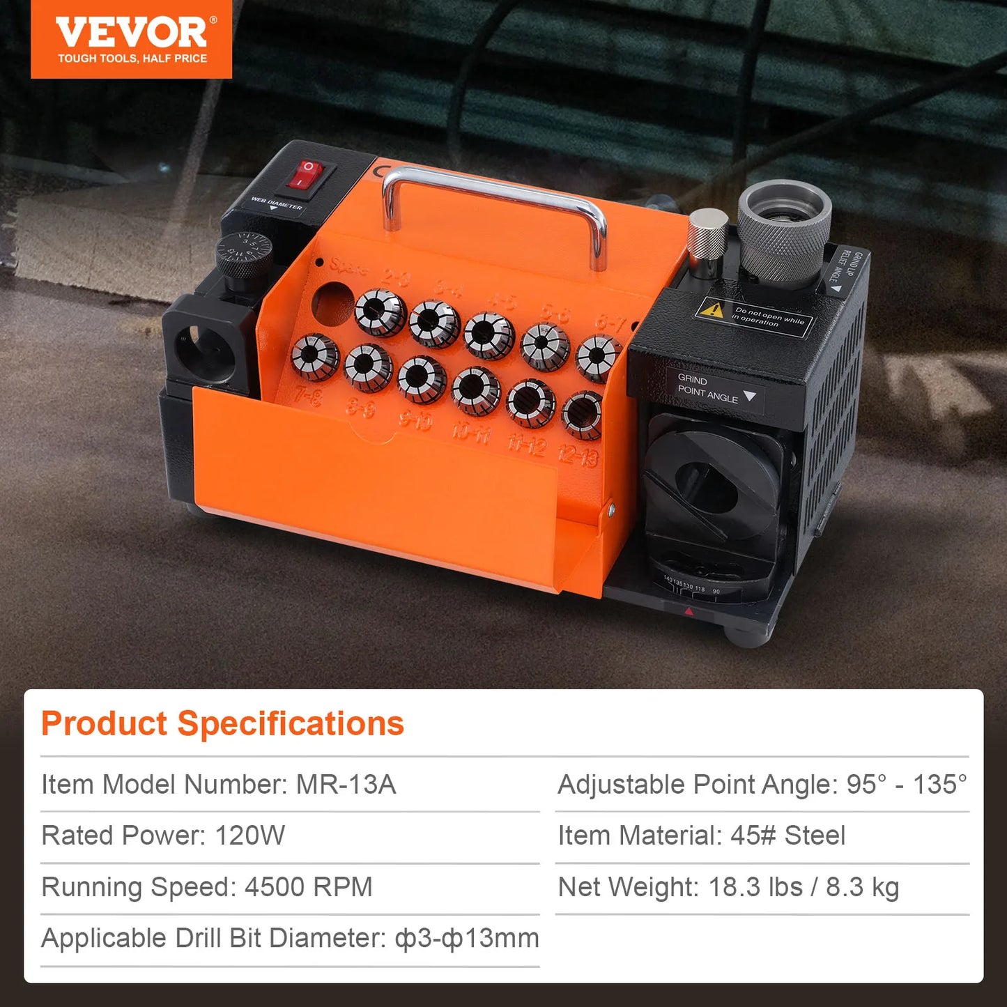 VEVOR Drill Bits Sharpener MR-13A MR-13B MR-20G Portable Mill Grinder with 18/11 Collets for Factory Workshop