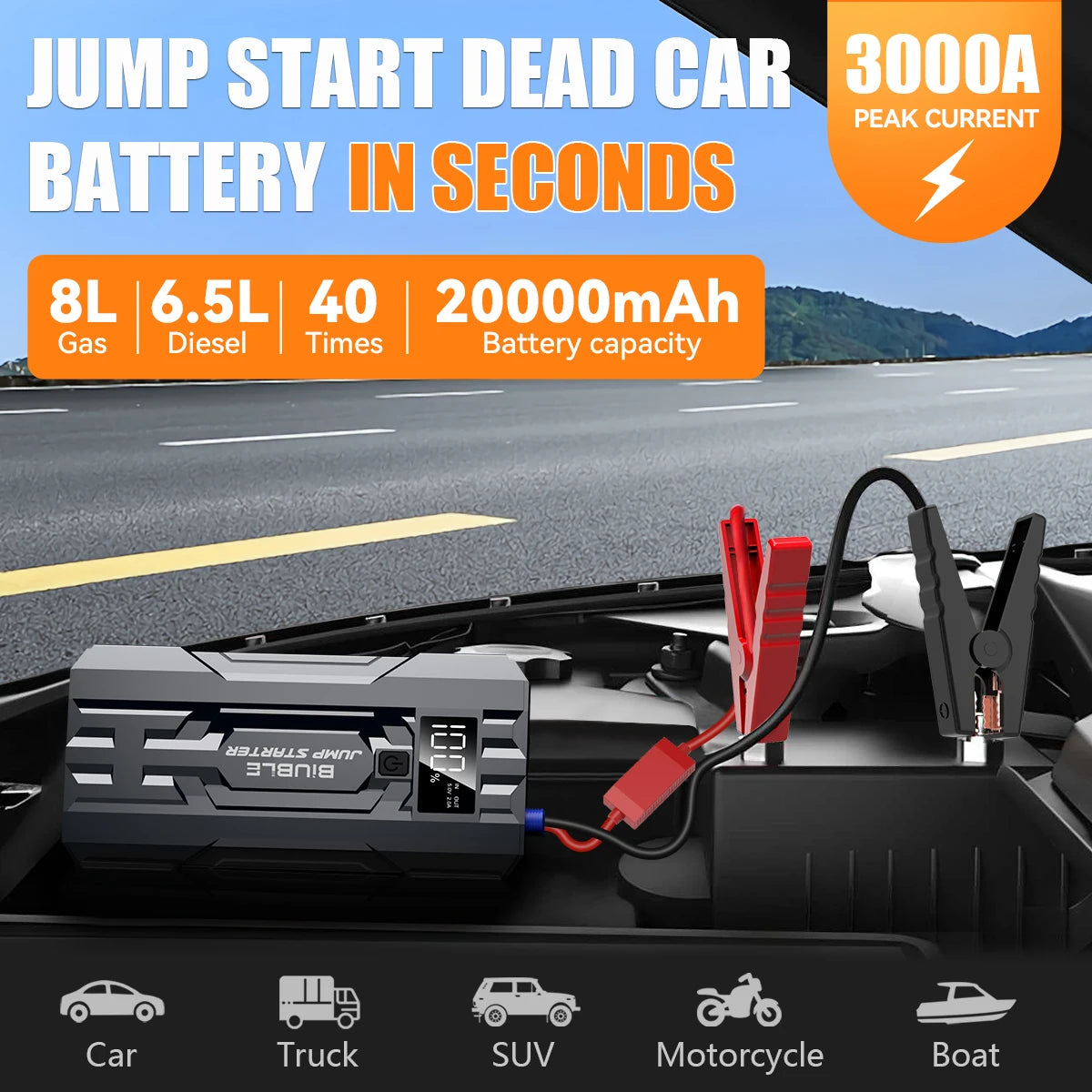 Biuble Car Jump Starter 3000A Peak 25000mAh 12V Auto Booster Battery Charger Jumper Box with Display