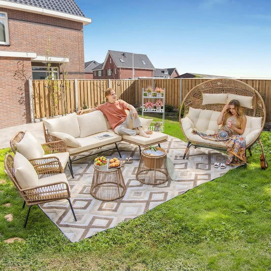 7 Pieces Beige Boho Outdoor Patio Furniture Set with Double Stationary Egg Chair and Small Wicker Conversation Sectional Sofa Set