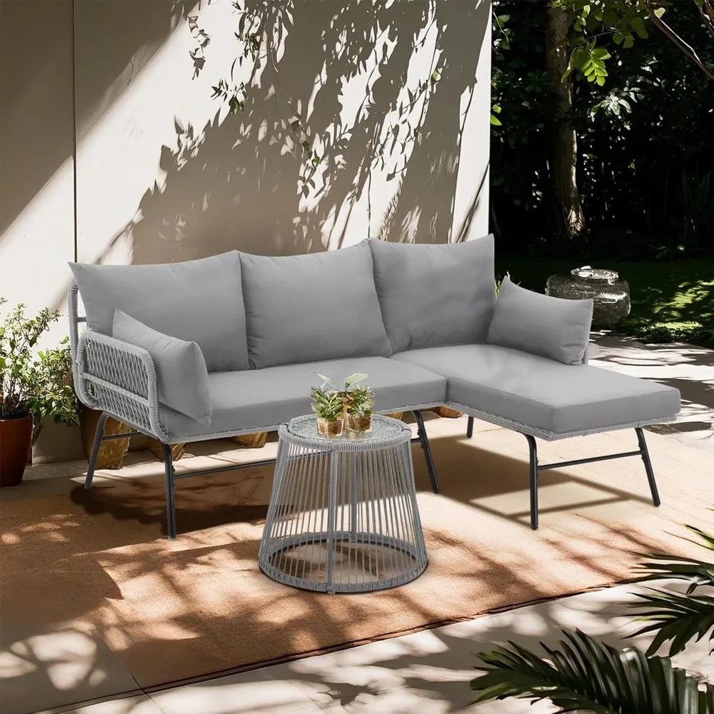 Three Piece Patio Set L Shaped Rattan Sectional Sofa