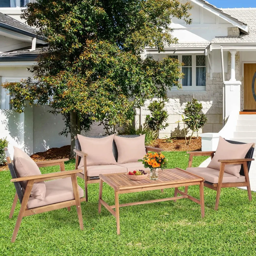 4 Piece Patio Set Acacia Wood Cushions And Coffee Table