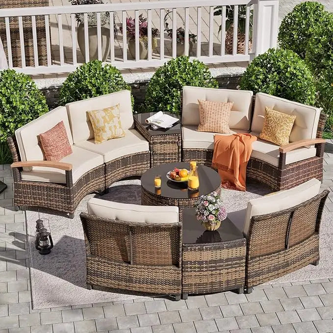 9 Piece Half Moon Outdoor Patio Rattan Sofa And Coffee Table