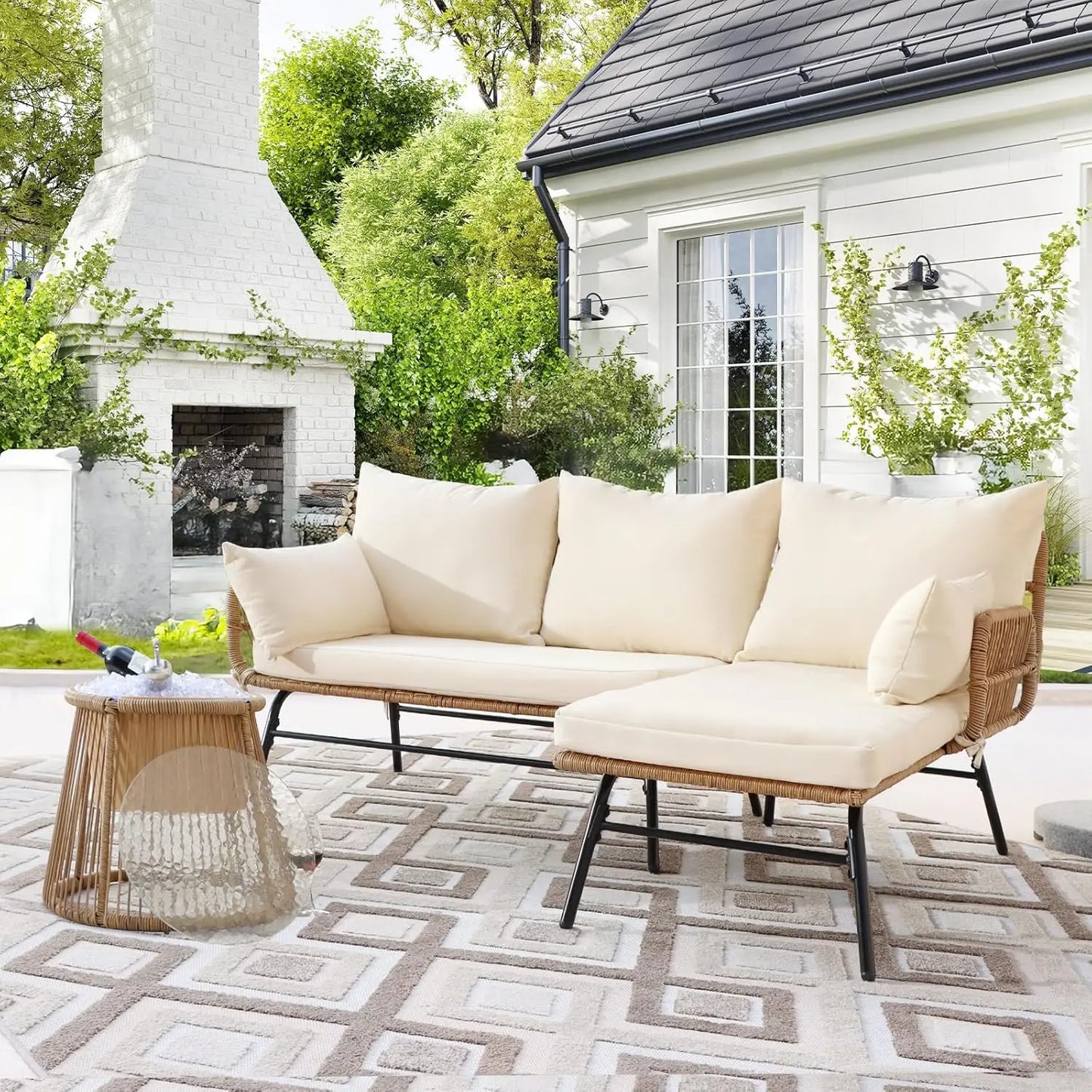 7 Piece Bohemian Style Outdoor Courtyard Sofa Set with Egg Chairs L Shaped Leisure Chairs and Beige Cushions