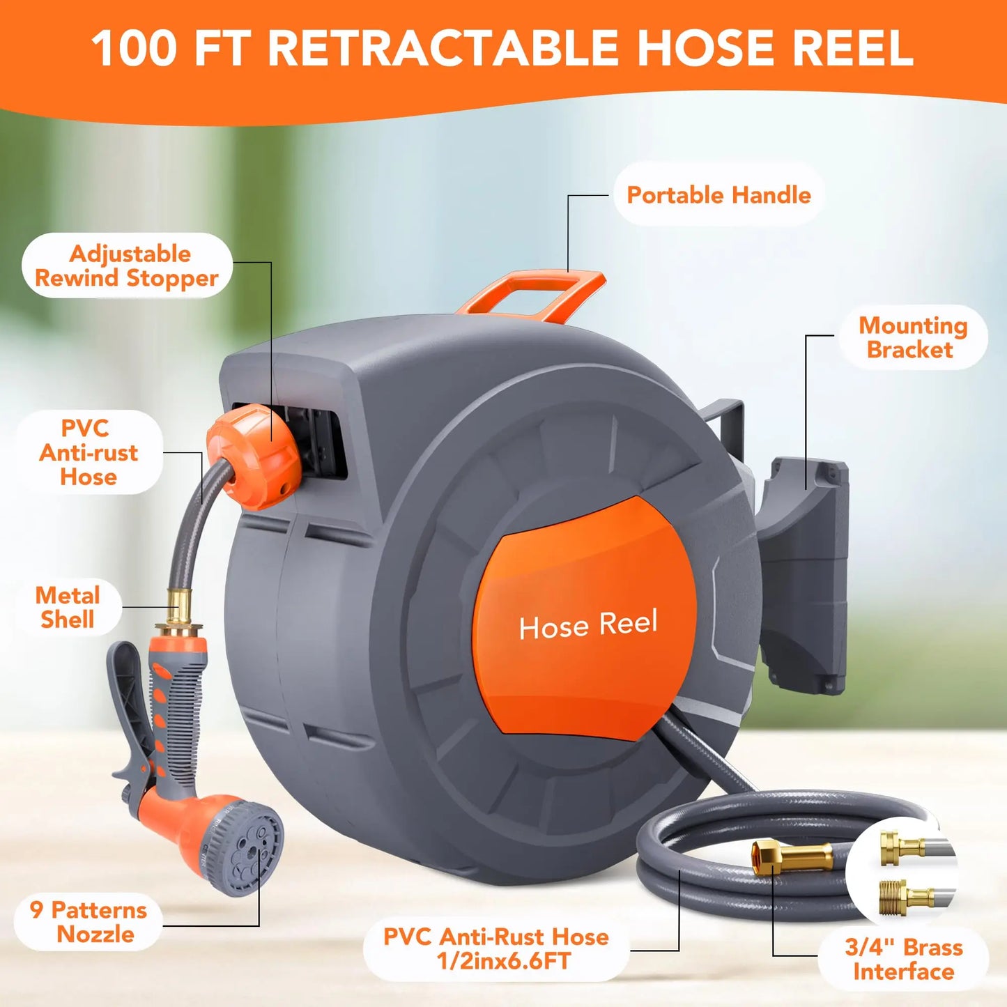 Garden Retractable Hose Reel With Nine Function Sprayer 180 Degree Swivel Auto Rewind Durable Outdoor Watering System