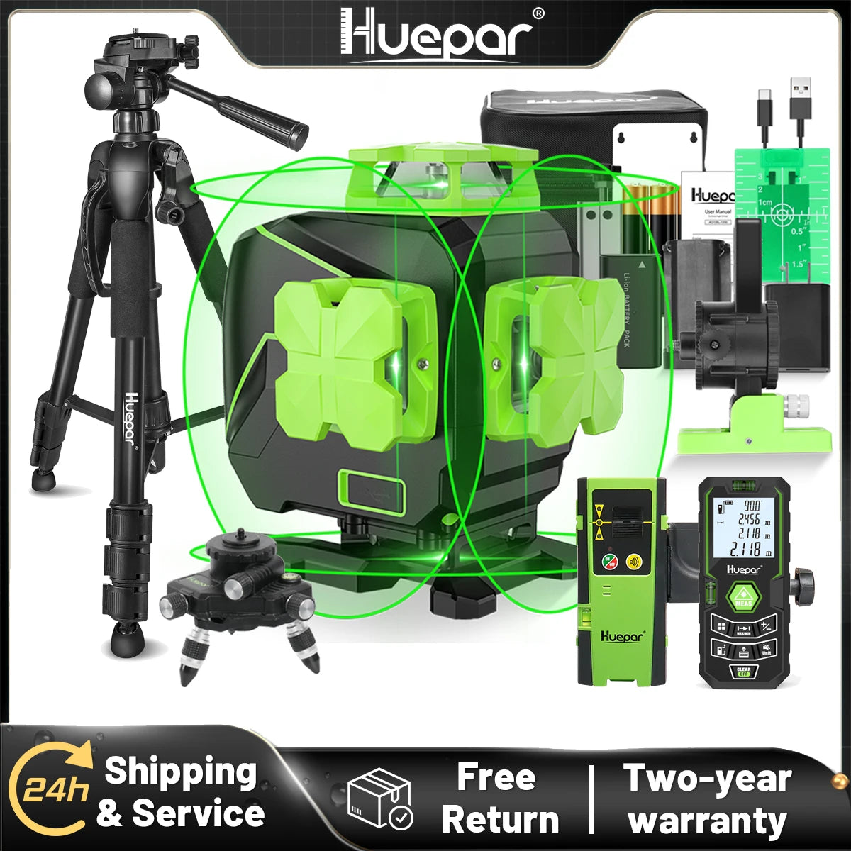 Huepar S04CG-LC 16 Lines Laser Level With Detector Tripod 4D Self Leveling Green Laser Leveling Tool