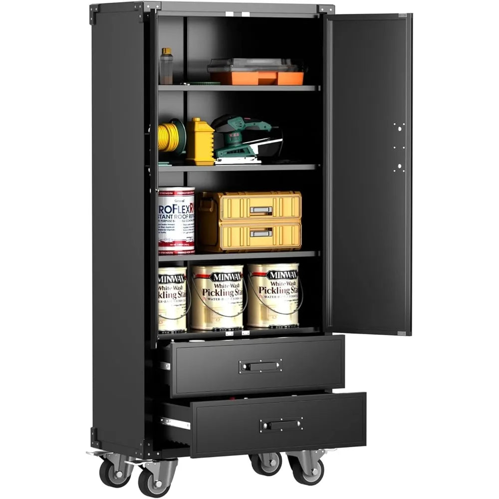 Metal Storage Cabinet With 2 Drawers Garage Tool On Wheels