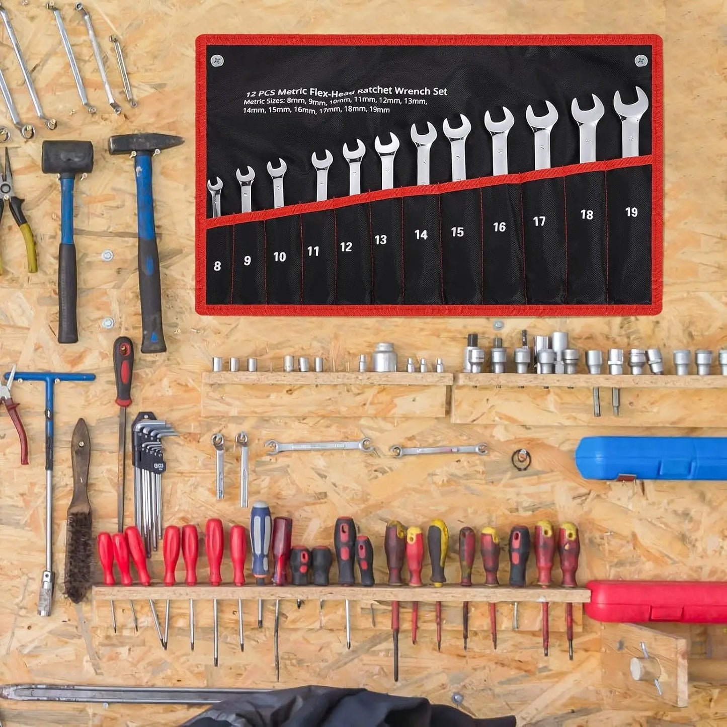 12 Piece Flex Head Wrench Set Ratcheting 8-19mm CrV Steel