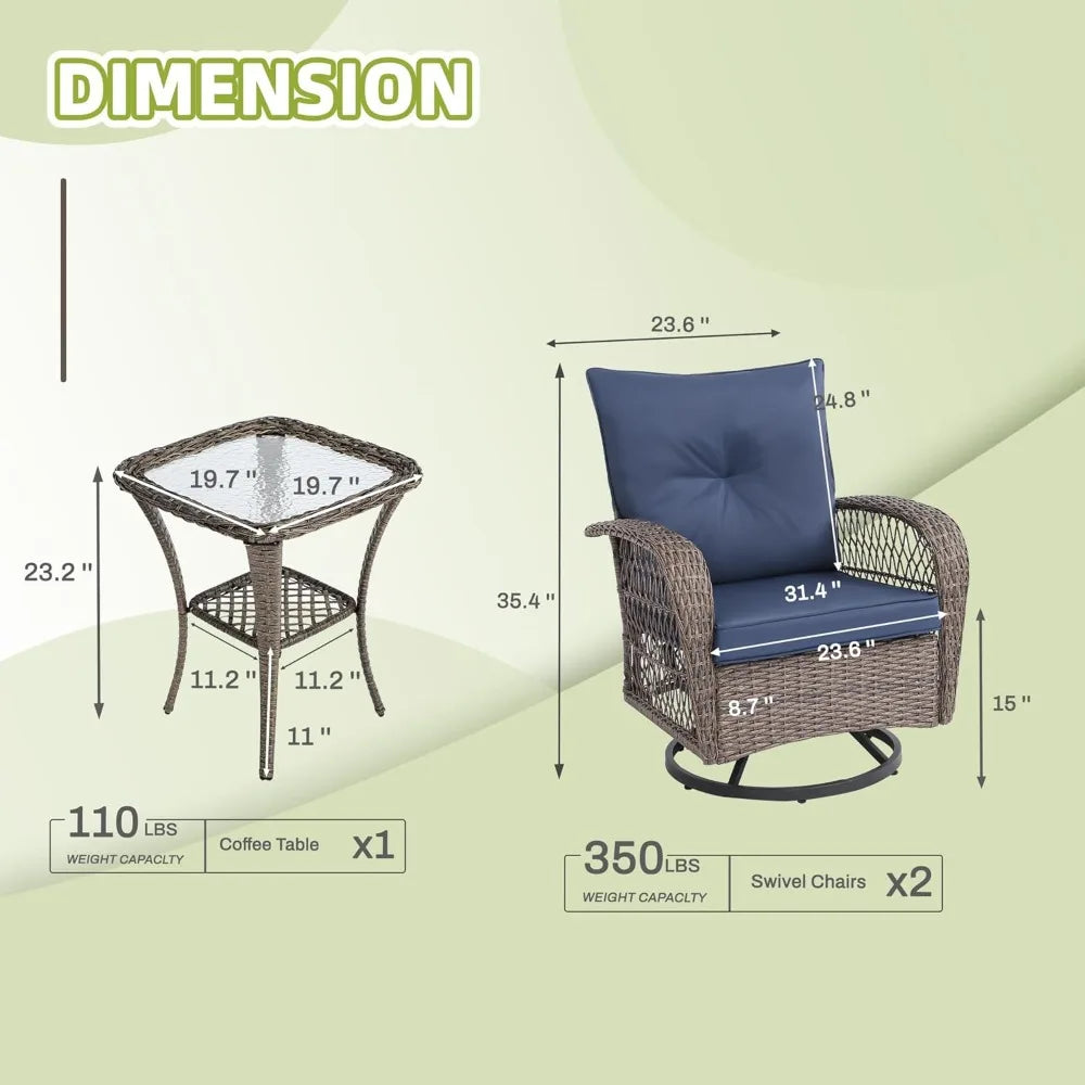 Outdoor Wicker Patio Set 3Pc Swivel Chairs With Loveseat