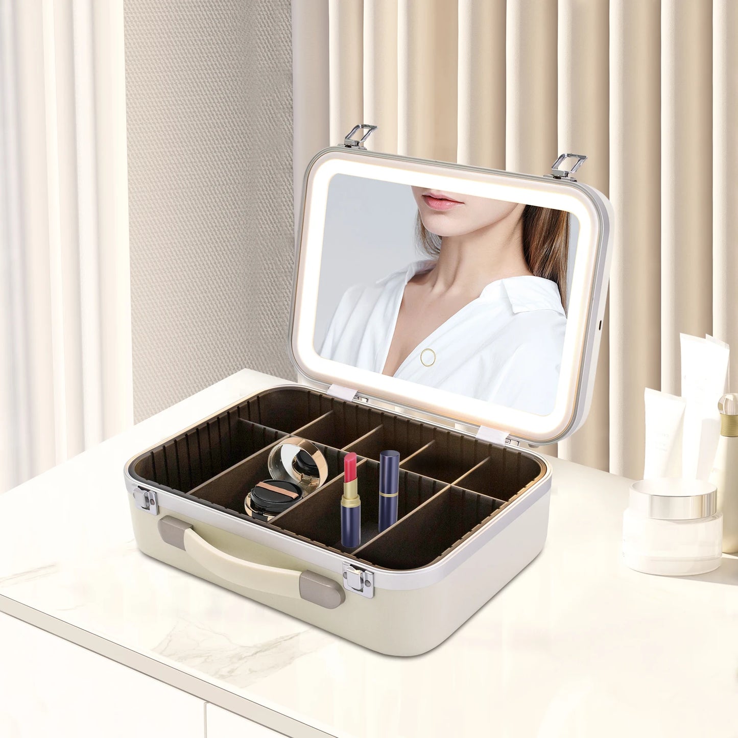 White Makeup Organizer Box with Upgraded Halogen Light and Mirror Premium Cosmetic Storage Case