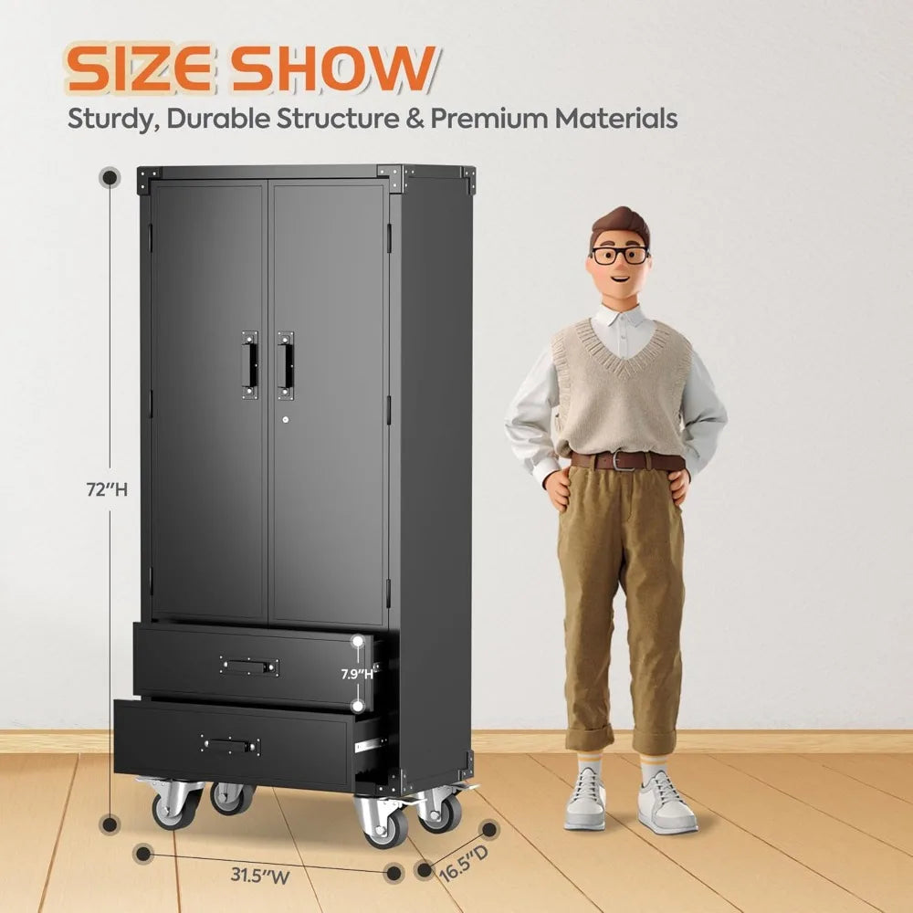 Metal Storage Cabinet With 2 Drawers Garage Tool On Wheels