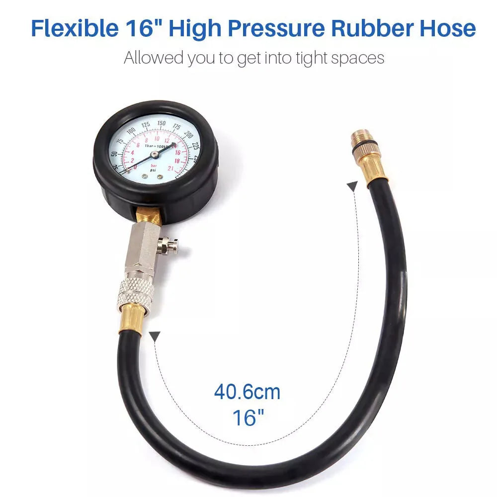 Petrol Engine Cylinder Compression Tester Kit Automotive and Motorcycles Tool 0 to 300 PSI Engine Cylinder Pressure 0 to 21 Bar Gauge