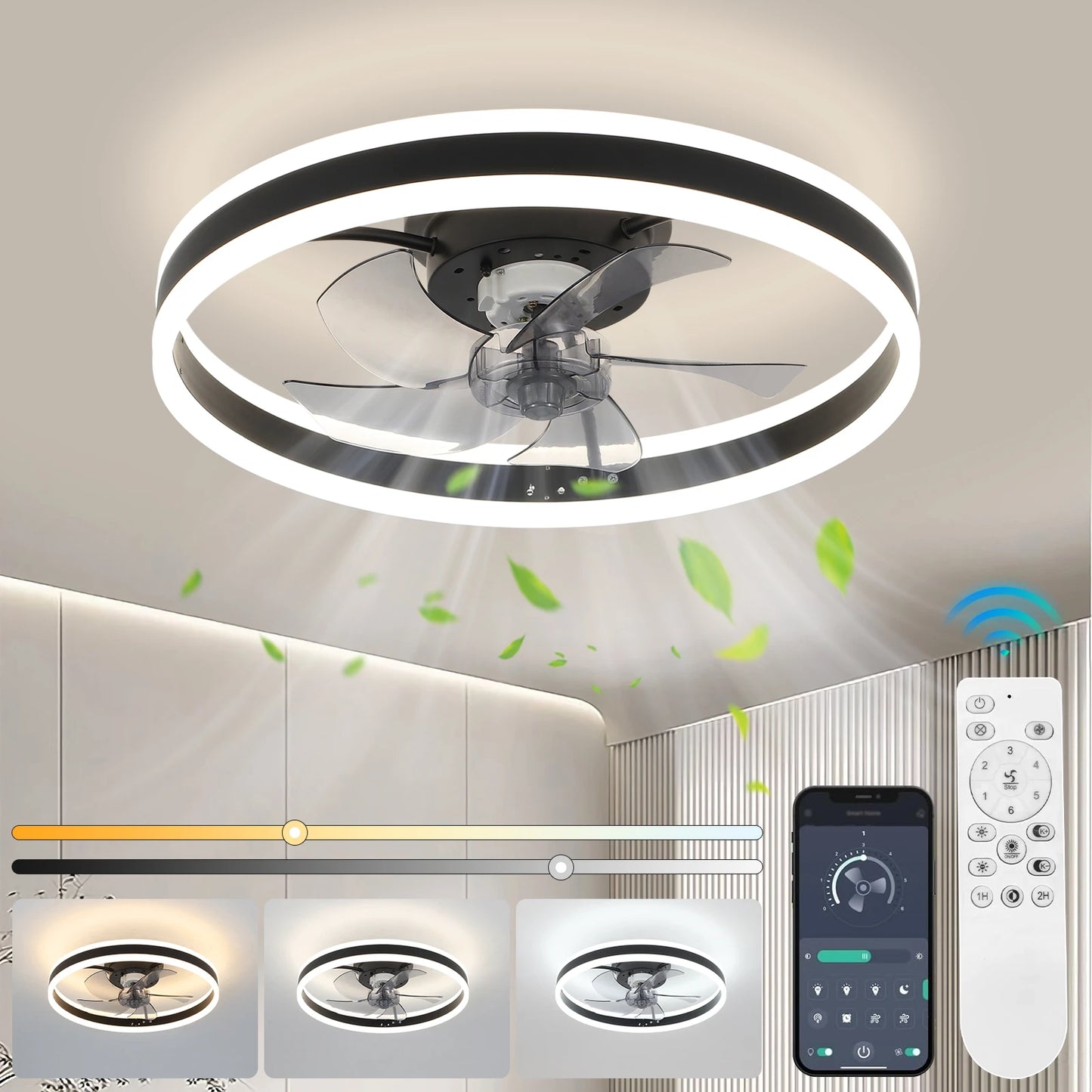 Modern Low Profile Ceiling Fans With Up And Down Light-emitting Led 20 Inch Flush Mount Fandeliers With Remote