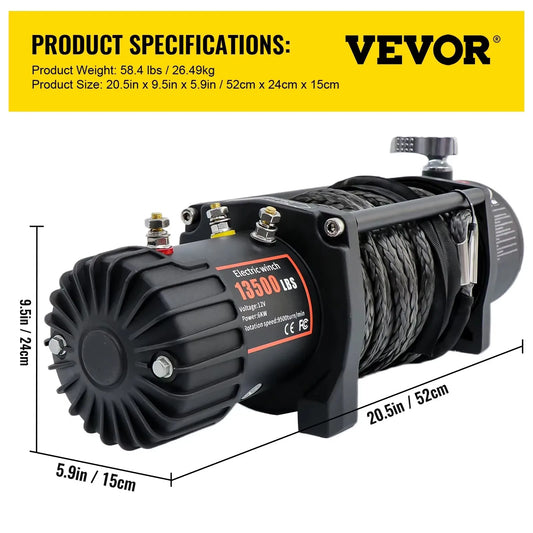 VEVOR 13500 Pounds Electric Winch 12V 27M Synthetic Rope Lifting Hoist for 4X4 Car Trailer ATV Truck Off Road Boat