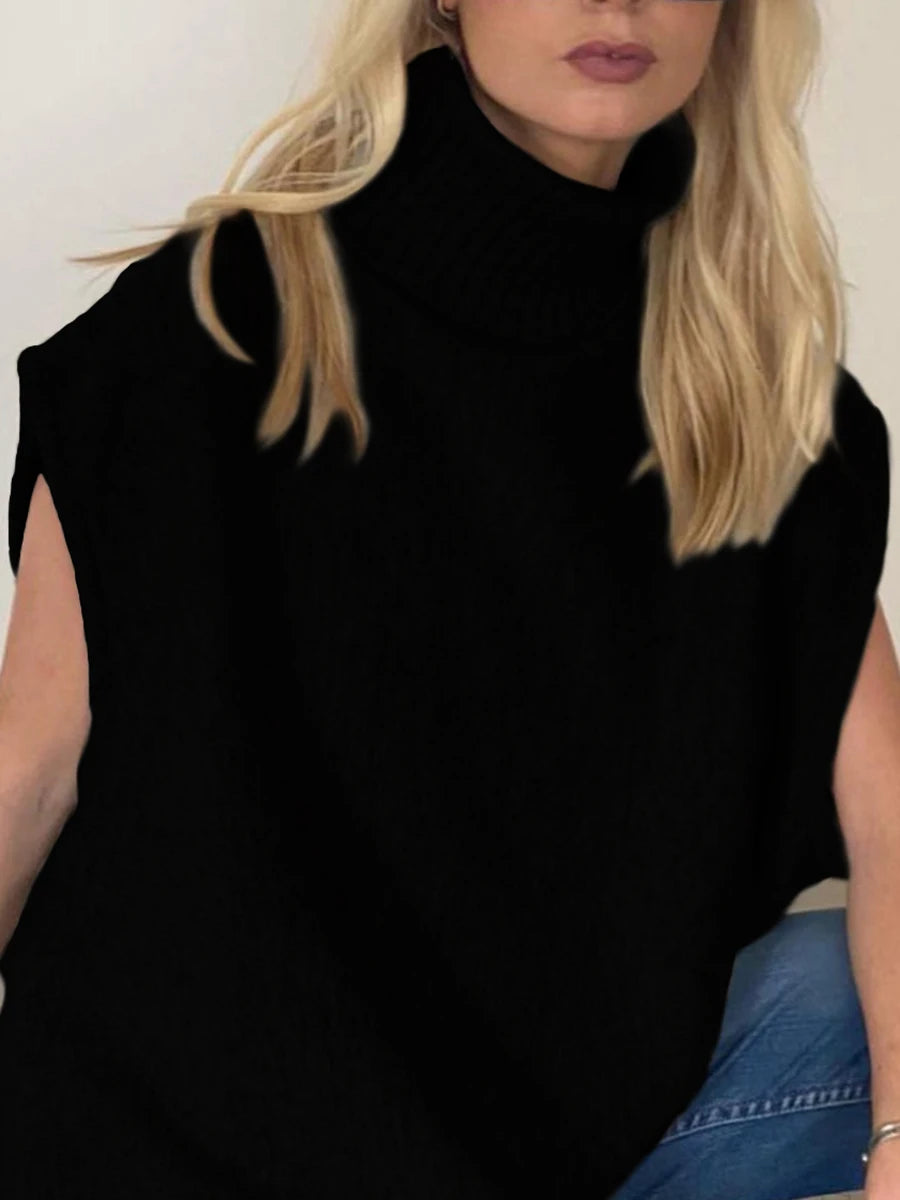 Women Knit Vest Sleeveless Turtleneck Solid Loose Tank Top Sweater Casual Daily Wear