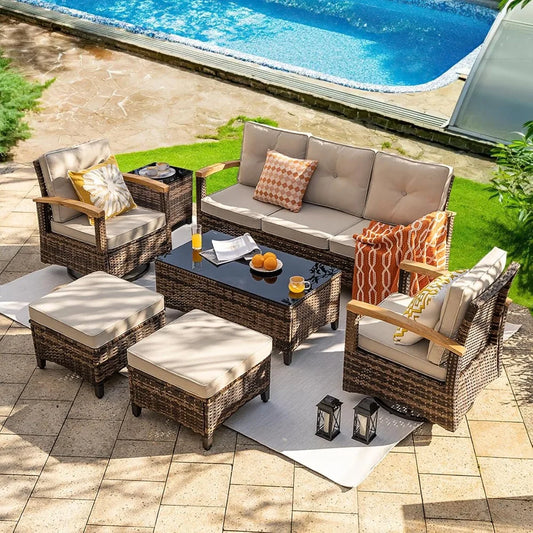 7 Piece PE Wicker Patio Set Outdoor Swivel Rocker Chairs