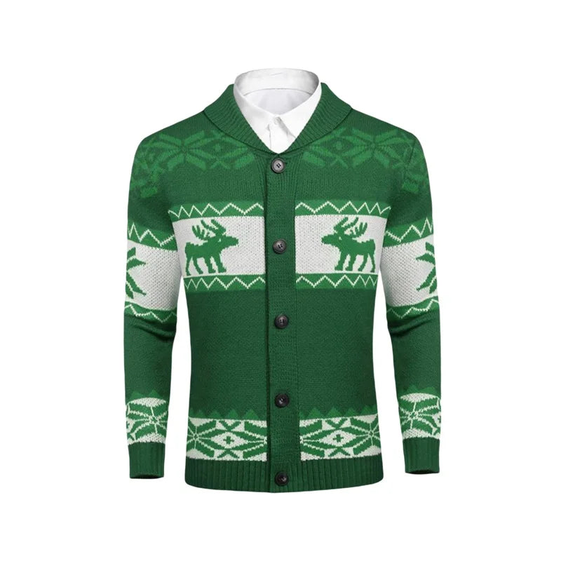 Men's Christmas Cardigan Casual Long Sleeve Shawl Collar Reindeer Snowflake Print Sweater