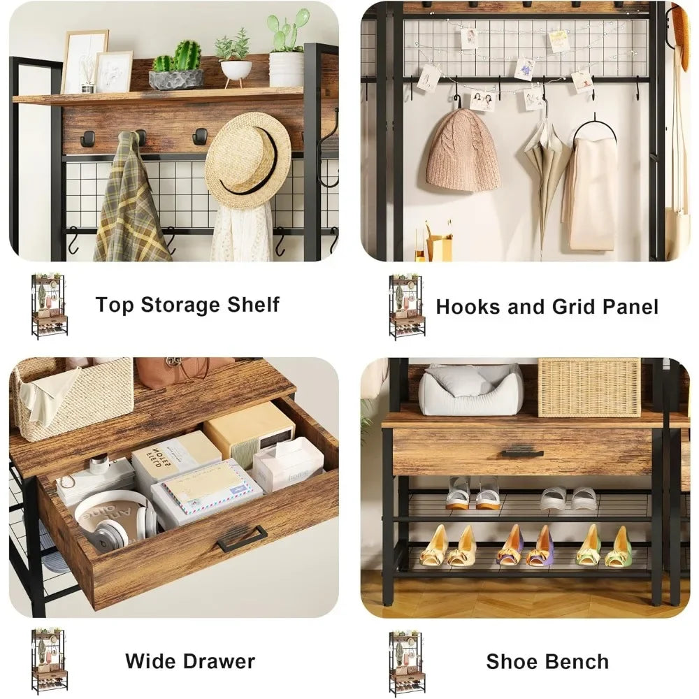 Industrial Entryway Coat Rack With Drawer And 12 Hooks