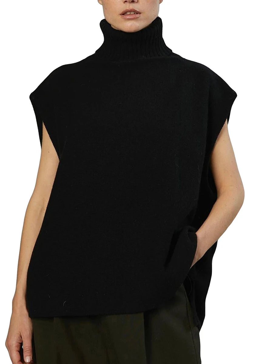 Women Knit Vest Sleeveless Turtleneck Solid Loose Tank Top Sweater Casual Daily Wear